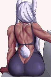 1girls animal_ears animal_tail ass ass_focus athletic_female back back_muscles backless_outfit bare_back bare_shoulders big_ass boku_no_hero_academia butt_crack dark-skinned_female dark_skin dress faceless_female facing_away female fluffy fluffy_tail from_behind fur highres huge_ass kemonomimi long_hair miruko muscular muscular_back muscular_female my_hero_academia no_panties rabbit_ears rabbit_girl rabbit_tail rumi_usagiyama shadertoons sitting solo tail thick_ass tight_clothing tight_dress toned triceps voluptuous white_fur white_hair