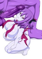 1boy 1girls bimbo breasts corruption demon demon_girl gigantic_penis highres huge_breasts huge_cock imminent_fellatio imminent_penetration inu-g large_breasts large_penis musume nukomashi_dou penis purple_hair stray_pubic_hair yuusha_no_kuse_ni_namaiki_da