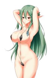 1girls arms_behind_back big_breasts bikini_armor crusadia_arboria curvy duel_monster elf elf_ears green_hair long_hair pink_eyes sling_bikini yu-gi-oh!