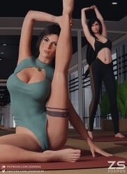 2girls 3d 3d_(artwork) 3dx big_breasts blinking brown_eyes brown_hair cleavage feet female female_only final_fantasy final_fantasy_vii gym gym_clothes gym_uniform kissing lara_croft lara_croft_(survivor) leggings leotard long_hair looking_at_viewer necklace pinup ponytail puckered_lips stretching tattoo tifa_lockhart tomb_raider tomb_raider_(survivor) yoga zodros