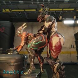 3d 3d_animation amgitz animated big_ass big_breasts blender doggy_style futa_on_female futanari sex tagme tenno thick_thighs valkyr_(warframe) video voruna_(warframe) warframe