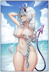 1girls aelion_draws alternate_version_available artist_name bare_arms bare_shoulders belly_button braid breasts cleavage cloud collarbone demon_girl demon_horns demon_tail female female_only grey_hair highleg highres horns huge_breasts indie_virtual_youtuber large_breasts light-skinned_female light_skin lip_piercing long_hair navel nipple_bulge ocean outdoors piercing pointy_ears powdur_(powdury) purple_eyes sky solo swimsuit tail thick_thighs thigh_gap twin_braids virtual_youtuber white_hair