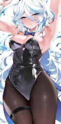 armpits belly_button blue_eyes blue_hair bowtie bunny_ears bunnysuit cleavage detached_collar female furina_(genshin_impact) garter_straps genshin_impact large_breasts leotard long_hair pantyhose shiben_(ugvu5784) smug thick_thighs thigh_strap wrist_cuffs