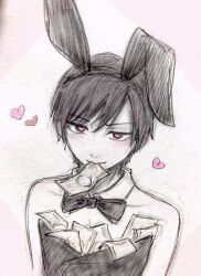 1boy blush bowtie bunny_boy bunny_ears bunnysuit crossdressing detached_collar dollar_bills femboy gantz girly heart-shaped_pupils joichiro_nishi looking_at_viewer male male_only money money_under_clothes nishi24_0210 pink_eyes short_hair smile solo spot_color szymon_sikora traditional_media_(artwork) upper_body