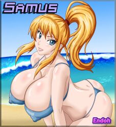 ass beach big_ass big_breasts bikini blue_eyes breasts endoh69 huge_breasts metroid nintendo nipple_bulge nipples_visible_through_clothing samus_aran yellow_hair