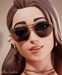 1girls 3d blender boardwalk_ruby_(fortnite) brown_hair close-up couch detailed_background ear_piercing earrings epic_games face_focus female female_focus fortnite highres lewdrex light-skinned_female light_skin long_hair looking_at_viewer on_couch presenting ruby_(fortnite) sitting solo solo_focus sunglass sunglasses tinted_eyewear topless watermark