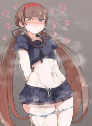 ? absurdres arms_behind_back black_serafuku blush brown_hair bukkake cowboy_shot crop_top cum cum_on_body female grey_background hairband heart heterochromia highres hip_bones hypnosis inaiti_ina light_frown long_hair looking_down low_twintails microskirt mind_control navel nose_blush panties panty_pull red_hairband revealing_clothes ryoubi_(senran_kagura) school_uniform senran_kagura serafuku skirt solo squinting steaming_body stomach thighs twintails underwear very_long_hair