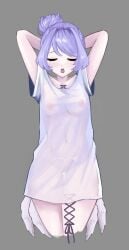 1girls aidnyan amiya_aranha_(artist) amiya_aranha_(vtuber) areolae areolae_visible_through_clothing arms_behind_head arms_up belly_button_visible_through_clothing bottomless breasts closed_eyes corset_piercing edit female female_only grey_background indie_virtual_youtuber light-skinned_female light_skin medium_breasts monster_girl nipples nipples_visible_through_clothing open_mouth pubic_hair purple_hair pussy pussy_visible_through_clothing see-through see-through_clothing shirt simple_background solo spider_girl spider_legs t-shirt tsunderia virtual_youtuber white_shirt