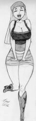 1girls 2010s 2014 aged_up bandana big_breasts breasts cleavage closed_eyes clothed clothing female happy hips large_breasts lindsay_(tdi) long_hair monochrome open_mouth skeezoo sketch skirt smile thick_thighs total_drama_island