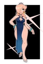 belly_button_visible_through_clothing big_breasts bimbo blonde_hair blue_dress blue_eyes bracelets child_bearing_hips choker crown exposed_breasts hand_on_hip heels mario_(series) moonmanmom nintendo no_bra no_panties princess_rosalina silver_shoes split_dress star_earrings starry_night_dress_(sarukaiwolf) super_mario_galaxy