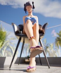 1girls 3d alternate_version_available blender blurry blurry_background chair clothed clothing crystal_(fortnite) dark_blue_hair detailed_background epic_games eye_contact female female_focus female_only fortnite glasses highres lewdrex light-skinned_female light_skin looking_at_viewer looking_down outdoors palm_tree palm_trees presenting sandals scuba_crystal_(fortnite) shadow sitting solo solo_focus sun sunlight tank_top trees twintails watermark whistle whistle_around_neck