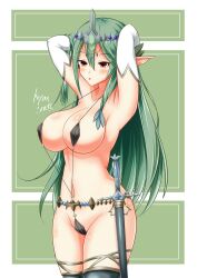 1girls arms_behind_back bikini_armor crusadia_arboria duel_monster elf elf_ears long_hair sling_bikini yu-gi-oh!