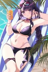 1girls absurd_res armpits artist_request beach belly belly_button big_breasts bikini bikini_bottom bikini_top earrings female female_only genshin_impact innie_belly_button innie_navel long_hair looking_at_viewer midriff navel purple_eyes purple_fingernails purple_hair raiden_shogun ribbon sea solo summer sunglasses sunglasses_on_head sweat sweating thick_thighs thighs tummy