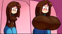 ai_generated big_breasts breast_expansion breasts breasts_bigger_than_head breasts_out brown_hair brown_shirt expansion expansion_sequence female jeans nipple_bulge nipples nipples_visible_through_clothing seaart.ai sequence suprised suprised_look