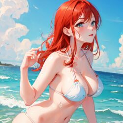 1girls ai_generated beach big_breasts bikini blue_eyes blue_sky blue_water blush blushing breasts busty cleavage cloud female female_human ginger ginger_hair hips human human_female human_only in_water large_breasts long_hair midriff navel nemus_waifu_generator outdoors pale_skin pooplool red_hair redhead sea sky sole_female solo solo_female summer tagme water waves wet white_bikini white_clouds