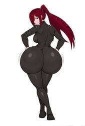 ass ass_body ass_focus big_ass bodysuit bubble_butt curvy curvy_female curvy_figure curvy_hips erza_scarlet fairy_tail female hands_on_hips huge_ass jiggle_butt_gang jiggling_ass latex latex_suit looking_at_viewer monkechrome monochrome_ai ponytail red_hair skintight skintight_bodysuit smile solo_female wide_hips