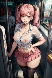 1girls ai_generated big_breasts breasts exhibitionism female grin hand_on_hip light-skinned_female midriff navel nipples nipples_visible_through_clothing original original_character pink_hair pink_skirt public revealing_clothes see-through see-through_clothing short_skirt smile standing tagme thick_thighs thighhighs train train_interior twintails vertiloart wet wet_clothes white_shirt wide_hips