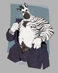 1boy 2023 animal_genitalia anthro biped bodily_fluids body_hair bulge chest_hair clothing colored digital_drawing_(artwork) digital_media_(artwork) equid equine flaccid genitals hi_res jumpsuit male male_only mammal nipples portrait sheath simple_background solo stripes sweat tuskyrayan undressing zebra