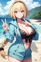 1girls ai_generated beach bikini black_bikini blonde_hair blue_eyes breasts cleavage fate/grand_order fate_(series) female hoodie jeanne_d'arc_(fate) jeanne_d'arc_(swimsuit_archer) large_breasts long_hair outdoors stable_diffusion thighs