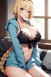 1girls ai_generated beach bikini black_bikini blonde_hair blue_eyes breasts cleavage fate/grand_order fate_(series) female hoodie jeanne_d'arc_(fate) jeanne_d'arc_(swimsuit_archer) large_breasts long_hair outdoors stable_diffusion thighs