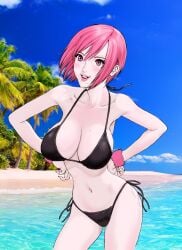 big_breasts bikini black_bikini blush chiho_johansson female female_only gigant hands_on_hips hanging_breasts huge_breasts leaning_forward looking_at_viewer mole_on_breast mole_under_eye mole_under_mouth official_art oku_hiroya pale-skinned_female pale_skin pink_eyes pink_hair short_hair side-tie_bikini smile solo swimsuit