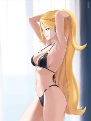 1girls armpits arms_up bikini black_bikini blonde_hair bracelet breasts cleavage closed_mouth cynthia_(pokemon) ddiyong.e from_side grey_eyes hair_lift hair_ornament happy jewelry large_breasts lipstick long_hair looking_at_viewer looking_to_the_side medium_breasts micro_bikini navel nintendo o-ring o-ring_bikini pokemon pokemon_(game) pokemon_dppt smile solo stomach strap_gap swimsuit thighs tight_clothing very_long_hair