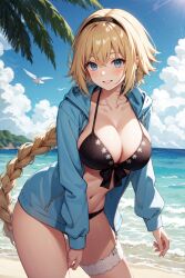 1girls ai_generated beach bikini black_bikini blonde_hair blue_eyes breasts cleavage fate/grand_order fate_(series) female hoodie jeanne_d'arc_(fate) jeanne_d'arc_(swimsuit_archer) large_breasts long_hair outdoors stable_diffusion thighs