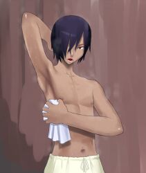 1boy armpits artist_request black_hair dark-skinned_male dark_skin kazuma_ikezawa male male_only shower solo summer_wars