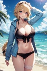 1girls ai_generated beach bikini black_bikini blonde_hair blue_eyes breasts cleavage fate/grand_order fate_(series) female hoodie jeanne_d'arc_(fate) jeanne_d'arc_(swimsuit_archer) large_breasts long_hair outdoors stable_diffusion thighs