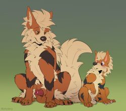 absurd_res age_difference animal_genitalia arcanine balls canid canine canis comparing cub domestic_dog duo generation_1_pokemon genitals growlithe half-erect hi_res male mammal mintyderg nintendo penis pokemon pokemon_(species) sheath size_difference