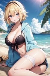 1girls ai_generated beach bikini black_bikini blonde_hair blue_eyes breasts cleavage fate/grand_order fate_(series) female hoodie jeanne_d'arc_(fate) jeanne_d'arc_(swimsuit_archer) large_breasts long_hair outdoors stable_diffusion thighs