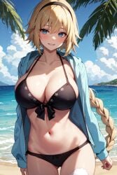 1girls ai_generated beach bikini black_bikini blonde_hair blue_eyes breasts cleavage fate/grand_order fate_(series) female hoodie jeanne_d'arc_(fate) jeanne_d'arc_(swimsuit_archer) large_breasts long_hair outdoors stable_diffusion thighs