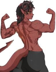 1girls ass back baldur's_gate baldur's_gate_3 breasts colored_skin demon_girl demon_horns demon_tail dungeons_and_dragons female horns huge_ass karlach muscular muscular_back muscular_female red_skin scar sideboob simple_background solo tail tattoo tiefling white_background yoracrab