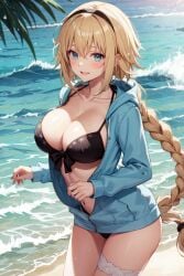 1girls ai_generated beach bikini black_bikini blonde_hair blue_eyes breasts cleavage fate/grand_order fate_(series) female hoodie jeanne_d'arc_(fate) jeanne_d'arc_(swimsuit_archer) large_breasts long_hair outdoors stable_diffusion thighs