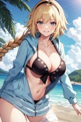 1girls ai_generated beach bikini black_bikini blonde_hair blue_eyes breasts cleavage fate/grand_order fate_(series) female hoodie jeanne_d'arc_(fate) jeanne_d'arc_(swimsuit_archer) large_breasts long_hair outdoors stable_diffusion thighs