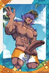 1boy abs balls bara_tiddies bara_tits beach beard big_pecs big_penis blush brown_skin cap gay hairy_legs huge_cock large_penis leg_hair leon_(pokemon) long_hair looking_at_viewer male male_nipples male_only muscular_arms muscular_male muscular_thighs pants_down peace_sign penis penis_out_of_shorts pokemon pokemon_masters_ex pokemon_ss pokemon_unite purple_hair serratus serratus_anterior shorts_down solo solo_male swim_trunks swimwear testicles v-line wererdraws