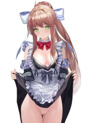 1girl 1girls absurd_res black_dress black_sleeves blush bottomless bow bowtie brown_hair cleavage detached_sleeves doki_doki_literature_club dress dress_lift enmaided feet_out_of_frame female female_only green_eyes hairbow hi_res long_hair looking_at_viewer maid maid_apron maid_uniform medium_breasts monika_(doki_doki_literature_club) no_panties ponytail pussy red_bowtie simple_background skirt_lift smile solo solo_female standing thighs uncensored white_background white_bow yami_(artist)