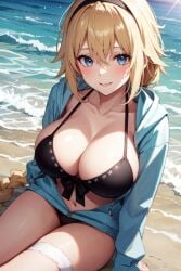 1girls ai_generated beach bikini black_bikini blonde_hair blue_eyes breasts cleavage fate/grand_order fate_(series) female hoodie jeanne_d'arc_(fate) jeanne_d'arc_(swimsuit_archer) large_breasts long_hair outdoors stable_diffusion thighs