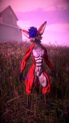 abs armpit_hair athletic athletic_male blue_hair featureless_crotch fox furry monocle nipples rain_jur red_fur rexouium solo_male tagme twitter url vr_media vrchat white_belly