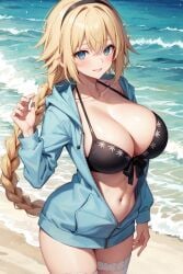 1girls ai_generated beach bikini black_bikini blonde_hair blue_eyes breasts cleavage fate/grand_order fate_(series) female hoodie jeanne_d'arc_(fate) jeanne_d'arc_(swimsuit_archer) large_breasts long_hair outdoors stable_diffusion thighs