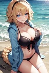 1girls ai_generated beach bikini black_bikini blonde_hair blue_eyes breasts cleavage fate/grand_order fate_(series) female hoodie jeanne_d'arc_(fate) jeanne_d'arc_(swimsuit_archer) large_breasts long_hair outdoors stable_diffusion thighs