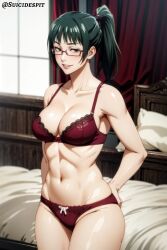 ai_generated bangs belly_button blush bra breasts cleavage female female_only glasses green_hair jujutsu_kaisen large_breasts midriff mommy panties ponytail smile solo solo_female suicidespit thick_thighs thighs zenin_maki