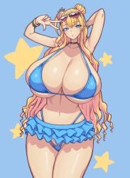 1girls blonde_hair blue_bikini blue_eyes blush breasts_bigger_than_head cleavage eyes female female_only galko huge_breasts oshiete!_galko-chan solo standing thighs venus_body voluptuous voluptuous_female wide_hips wolffeld_price