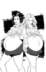 2girls belly big_belly big_breasts breasts character_request duo female hmb-art linea_nigra multiple_girls multiple_pregnancies navel_piercing nipples nipples_visible_through_clothing outie_navel pregnant skirt