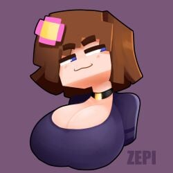 1girls :3 artist_signature big_breasts blue_eyes brown_hair choker female female_only flower flower_in_hair flower_on_head horny_female huge_boobs huge_breasts human_female humanoid jenny_belle_(slipperyt) light-skinned_female light_skin minecraft outside pale-skinned_female pale_skin purple_background short_hair simple_background smug smug_expression smug_eyes smug_face smug_grin smug_smile solo watermark zepiereite