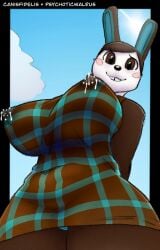 animal_crossing anthro artist_name big_breasts bite biting_lip blush bodily_fluids breasts canisfidelis carmen_(animal_crossing) clothing dress female hands_behind_back lactating lactating_through_clothing lagomorph leporid low-angle_view mammal nintendo nipple_outline outside panties pattern_clothing plaid plaid_clothing psychoticwalrus rabbit solo underwear wet wet_clothing