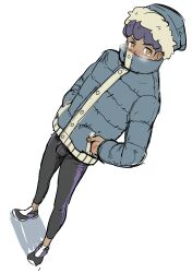 blush bulge dong_bl fully_clothed game_freak hands_in_pockets hop_(pokemon) nintendo nsfw pokemon pokemon_ss purple_hair solo sweat_pants white_background