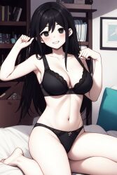 ai_generated belly_button black_eyes black_hair blush bra breasts cleavage female female_only large_breasts long_hair looking_at_viewer mari_(omori) midriff omori panties smile solo solo_female suicidespit thighs