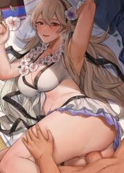 1girls alternate_costume arm_up ass beach_towel big_breasts bikini bikini_aside black_hairband blush book bracelet breasts cleavage commentary corkscrew_position corrin_(female)_(fire_emblem) corrin_(female)_(summer)_(fire_emblem) corrin_(fire_emblem) corrin_(fire_emblem)_(female) day english_commentary feet_out_of_frame female fire_emblem fire_emblem_fates fire_emblem_heroes flower flower_necklace frilled_bikini frills front-tie_bikini_top front-tie_top glint grey_hair hair_between_eyes hair_flower hair_ornament hairband hand_to_own_mouth jewelry large_ass leaf lei long_hair looking_at_viewer lying muunai navel nintendo official_alternate_costume on_side open_mouth outdoors paid_reward_available patreon_logo patreon_username red_eyes sex shade smile solo stomach straight swimsuit thigh_strap thighs thong_bikini towel uncensored web_address white_bikini white_swimsuit