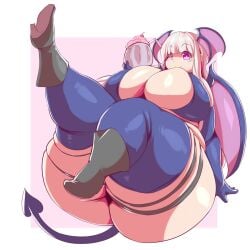 big_ass big_breasts chubby elbow_gloves fat food high_heels huge_ass huge_breasts hyper_ass legs_up looking_at_viewer milkshake pink_eyes presenting_hindquarters smile succi_(alphaerasure) succubus tail thighhighs tight_clothing trinity-fate62 white_hair wide_hips wings wings_on_head